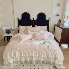 Hooux Cotton Princess Bedding Sets Queen Butterflies Embroidered Chiffon Lace Elegant Soft Flat Sheet With Pillowcases 4PCS