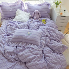 Hooux Purple Princess Bedding Set Duvet Cover Pillowcase Linens Twin Queen King Bed Sheet Set Luxury Solid Color Woman Girl Kawaii Set