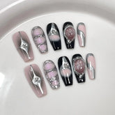 Hooux 10Pcs Black Handmade Press On Nails Coffin Fake Nails Full Cover Gradient Metal Contrast Artificial Manicure Wearable Nail Tips