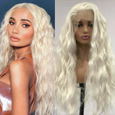 Hooux Platinum Blonde Long Curly Synthetic Lace Front Wig Natural Wavy Deep Wave White Blond Colored Hair 13X4 Frontal Wigs for Women