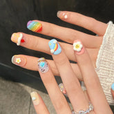 Hooux 10Pcs Shiny Handmade Press On Nails Full Cover Colorful Design Short Round Head Fake Nail Artificial Manicure Wearable Nail Tips