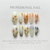 Hooux 10Pcs Handmade Matte Fake Nails With Tulip Flowers Design Press on Nails Full Cover Acrylic Manicuree Wearable False Nail Tips