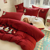 Hooux Solid Colour embroidery Bedding Set For adults kids Ankela Red Red Flat Sheet With Pillowcases Colorful King Queen Full size