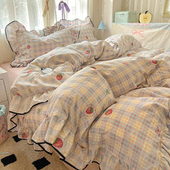 Hooux Princess Cream Bedding Set Ruffles Girls Full Queen Washable Cotton Duvet Cover with Zipper No Filler Bed Sheet Pillowcase