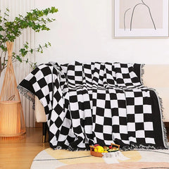 Hooux Vintage Checkered Woven Throw Blanket for Sofa Couch Bed Outdoor Camping Picnic Mat Jacquard Bedspread Retro Plaid Tablecloth
