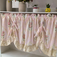 Hooux Wave Pink Embroidered Flowers Window Valance Living Room Elegant Lace Curtain Valance Lace Tape Short Curtains Kitchen