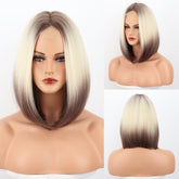 Hooux Short Bob Wig Brown Middle Part Blonde Lady Bob Hair Synthetic Heat Resistant Wig Cosplay Wig