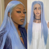 Hooux Blue Wig Long Straight Synthetic Lace Front Wig Glueless Wig Ready to Wear Light Blue Hair Lace Wigs for Women Party Cosplay