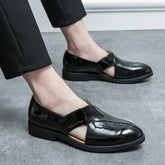 Hooux Black Dress Patent Leather Sandals Summer Breathable Outdoor Handmade Men Loafers Fashion Comfortable Men Hollow Leather Shoes