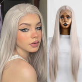 Hooux Grey Wig Long Straight Synthetic Lace Front Wig Glueless Wigs for Women Cosplay Party Ready to Wear Silver Hair Lace Frontal Wig