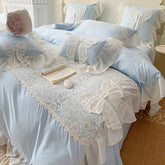 Hooux Korean Princess Bedding Set Lace Bow Beauty Solid Color Lace Ruffle Quilt Cover Luxury Girls Wedding Home Textiles Duver Cover