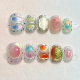 Hooux 10Pcs Cute Short Round Handmade Fake Nail Glitter Colorful 3D Sweet Cool Art Finished Nail for Girl Wearable Full Cover Press On