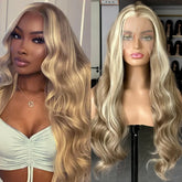 Hooux Brown Wig with Ash Blonde Highlights Synthetic Hair Long Wavy Loose Body Wave Streaks Money Piece 13X4 Frontal Wigs for Women