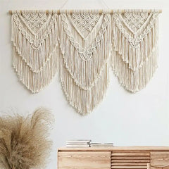 Hooux Handwoven Macrame Tassel Pendant Wall Hanging Tapestry with Wooden Stick Hand-Woven Bohemia Tassel Curtain Tapest
