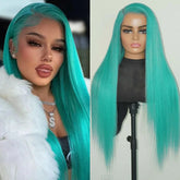 Hooux Long Silky Straight Wig Synthetic Lace Front Wig Green Colored Lake Blue Hair Natural 13X4 Frontal Wigs for Women Party Cosplay