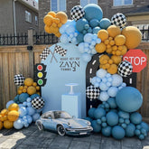 Hooux 116Pcs Race Car Balloon Garland Kit Two Fast Birthday Decorations Dusty Blue Mustard Yellow Latetx Balloons for Race Cars Party