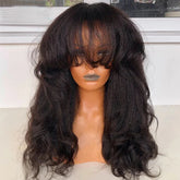 Hooux Yaki Straight Lace Front Wigs With Bangs T Part Synthetic Lace Front Fringe Wigs Heat Resistant Fiber Hair PrePlucked Hairline