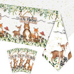3PCS Woodland Baby Shower Tablecloth Boys Girls Safari Jungle Wild Animal Party Decorations Nature Sage Forest Table Cover Disposable Plastic Table Cloths Party Supplies -54x108in