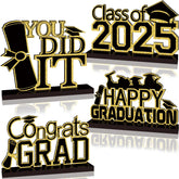 4Pcs Black and Gold Graduation Decorations Class of 2025 Congrats Grad Wooden Table Centerpieces Grad Table Toppers Congratulate Tiered Tray Decor for 2025 Graduation Decorations