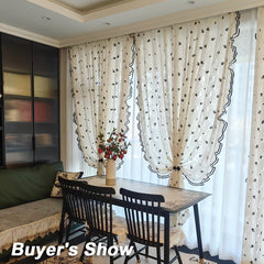 Hooux Elegant French Romantic Rose Embroidered Curtains - 2pcs Set, Beige & Cream Ruffle Design for Living Room and Bedroom, Light-Filtering Rod Pocket Drapes