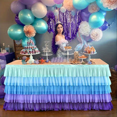 Hooux 9ft Mermaid Tablecloth Party Blue Purple Tutu Tulle Table Skirt for Rectangle Round Tables Chiffon Table Decorations for Mermaid Birthday Party Shower Ruffle Table Skirting SKUBESTCM4-2