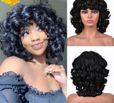 Hooux Short Hair Afro Curly Wig With Bangs Loose Synthetic Cosplay Fluffy Shoulder Length Natural Wigs For Black Women Dark Brown 14"