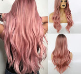 Hooux Synthetic Long Wavy Dark Root Ombre Pink Cosplay Wigs for Black White Women Colorful Fiber Hair Wigs High Temperature