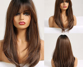 Hooux Long Straight Wigs with Bangs Black to Brown Ombre Synthetic Wigs for Women Daily Natural Hair Wigs Heat Resistant