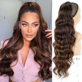 Hooux Long Wavy Ponytail Hair Synthetic Drawstring Ponytail Clip in Hairpiece Black Wave Ponytail for Black Women
