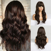 Hooux Long Dark Brown Women's Wigs with Bangs Water Wave Heat Resistant Synthetic Wigs for Women African American Hair Wig