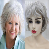 Hooux Grandma Wigs Women's Fashion Bob Wigs Granny Hair Silver Platinum Color Loose Wavy Wigs Grey Color Short Curly Hair Mommy Wigs