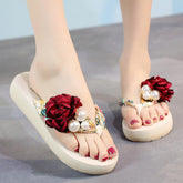 Hooux summer beach flip flops women's sandals Handmade flowers casual clip flat sandals slippers outside wearing women's shoes c587
