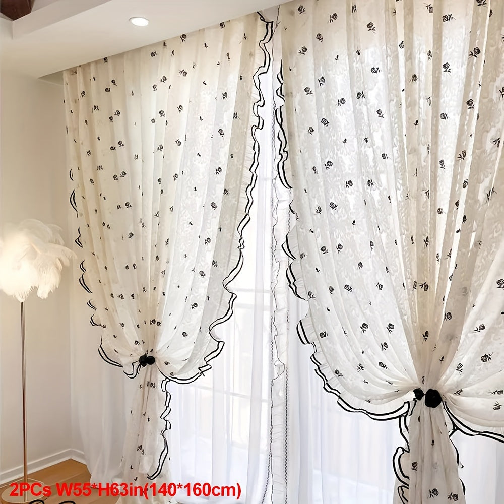 Hooux  Elegant French Romantic Rose Embroidered Curtains - 2pcs Set, Beige & Cream Ruffle Design for Living Room and Bedroom, Light-Filtering Rod Pocket Drapes