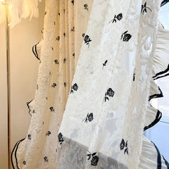 Hooux  Elegant French Romantic Rose Embroidered Curtains - 2pcs Set, Beige & Cream Ruffle Design for Living Room and Bedroom, Light-Filtering Rod Pocket Drapes