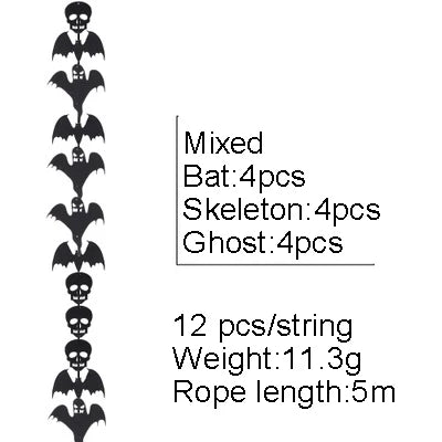 Hooux 12pcs/string Halloween Decoration Non-woven Bat Skull Ghost String Black Hanging Ornament Scary Horror Halloween Garland Decor