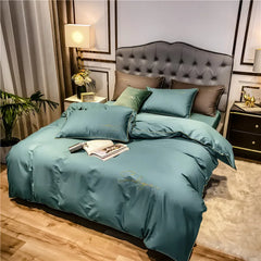 Hooux  Four-piece bedding simple cotton double household bed sheet quilt cover embroidered twill comfortable bedding light blue