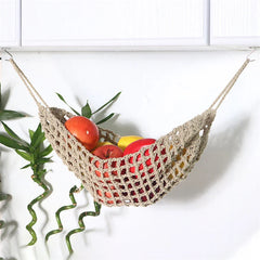 Hooux Hand-Woven Macrame Vegetable Hammock Net Under Cabinet Fruit Hanging Basket Kitchen Storage Organizer Hanging MiniTapestry Decor