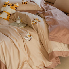 Hooux Cute Cartoon Tiger Towel Embroidered Cotton Four-Piece Set 100 Long-Staple Cotton Quilt Cover Bed Sheet Fitted Sheet Bedding Set