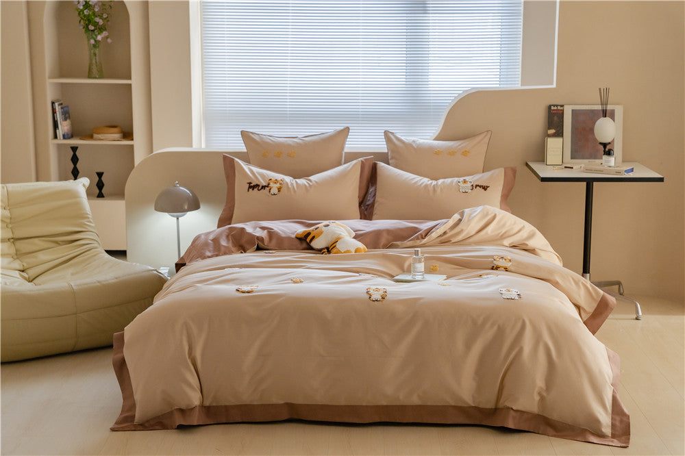 Hooux Cute Cartoon Tiger Towel Embroidered Cotton Four-Piece Set 100 Long-Staple Cotton Quilt Cover Bed Sheet Fitted Sheet Bedding Set