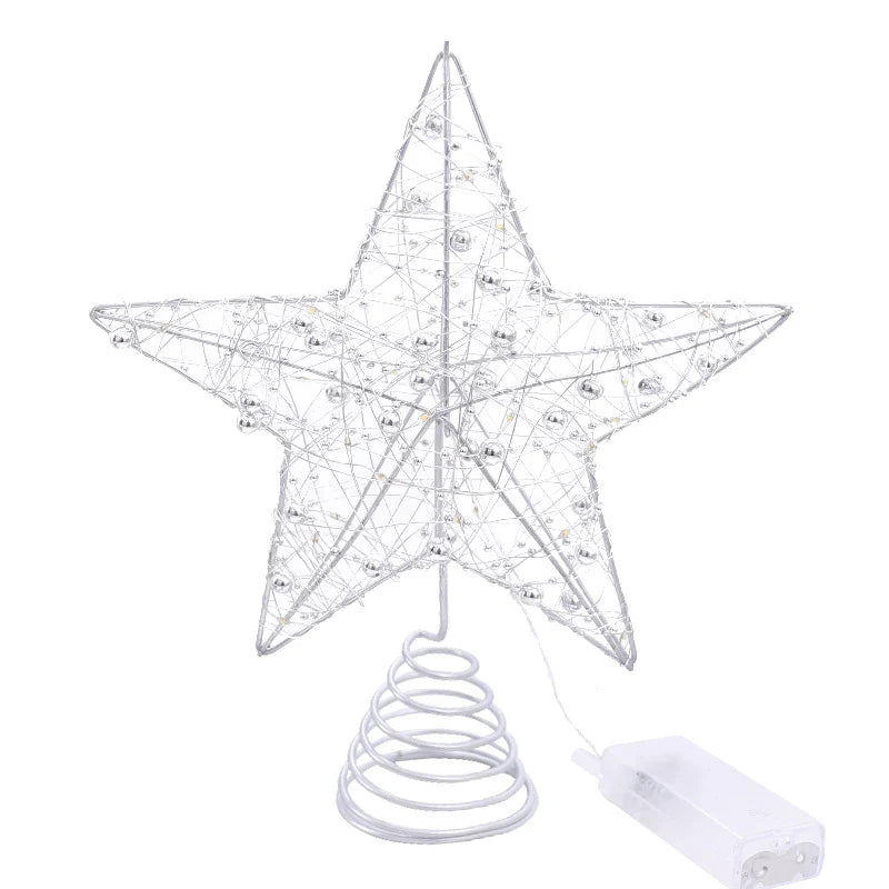 Hooux LED Light Christmas Tree Star Topper With Pearl Wire Gold Iron Xmas Tree Ornaments 2025 New Year Home Table Decoration Supplies