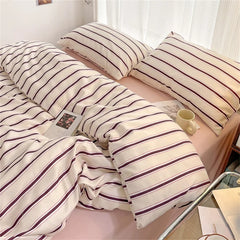 Hooux Pure Cotton Home Textile Blue Striped Bedding Set Simple Soft Duvet Cover Sheet Pillowcase Ins Style Bed Linens Queen King Size