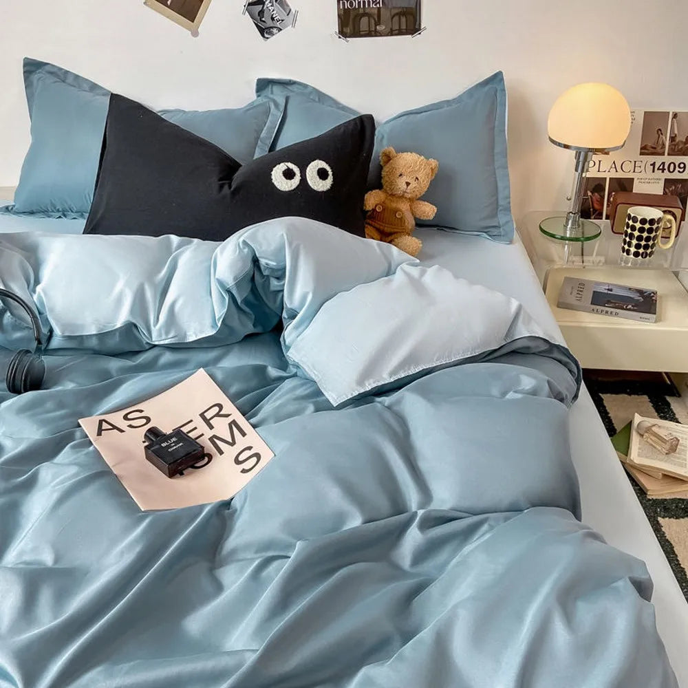 Hooux Purple Duvet Cover Set Ins Solid Color Korean Flat Sheet Pillowcases Bedding Set Girls Boys Queen Twin Szie Soft Bed Linens