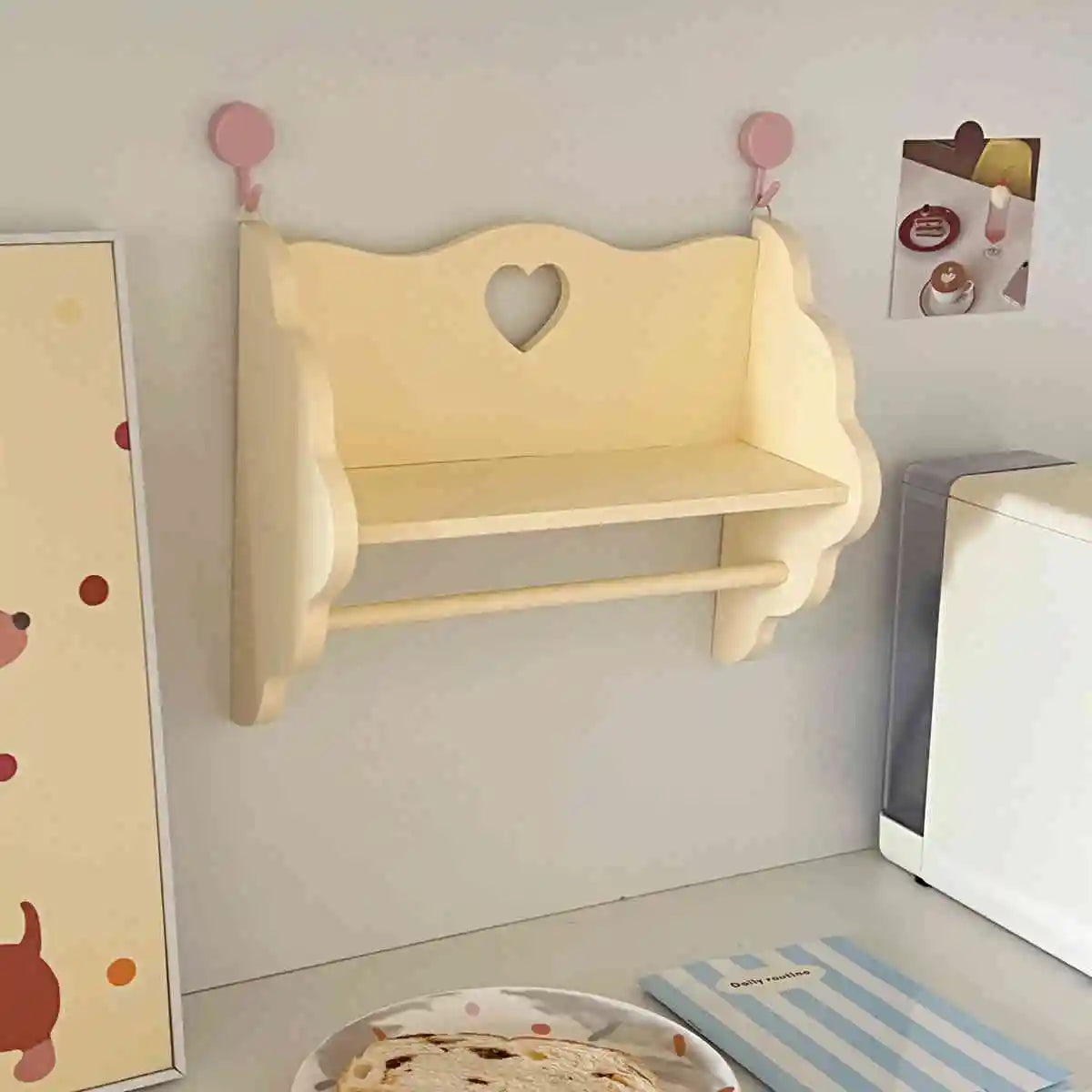 Hooux  Wooden Double-Layer Storage Rack Desktop Cabinet Cosmetics Storager Pink Dormitory Storage Manual Display Shelf Wall Decoration