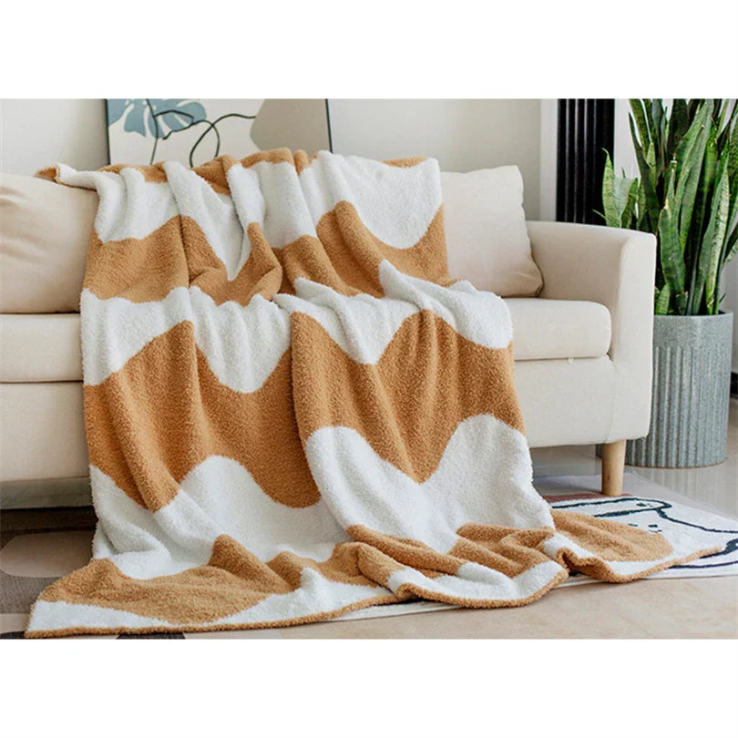 Hooux Nordic Style Half-side Velvet Knitted Sofa Blanket Modern Simple Wave Shape Air Conditioning Shawl Cover Blanket