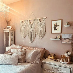 Hooux Large Macrame Tapestry Hand Made Cotton Rope Tassel Pendant Wall Hanging Tapestry with Wooden Stick Hand-Woven Bohemia Tassel