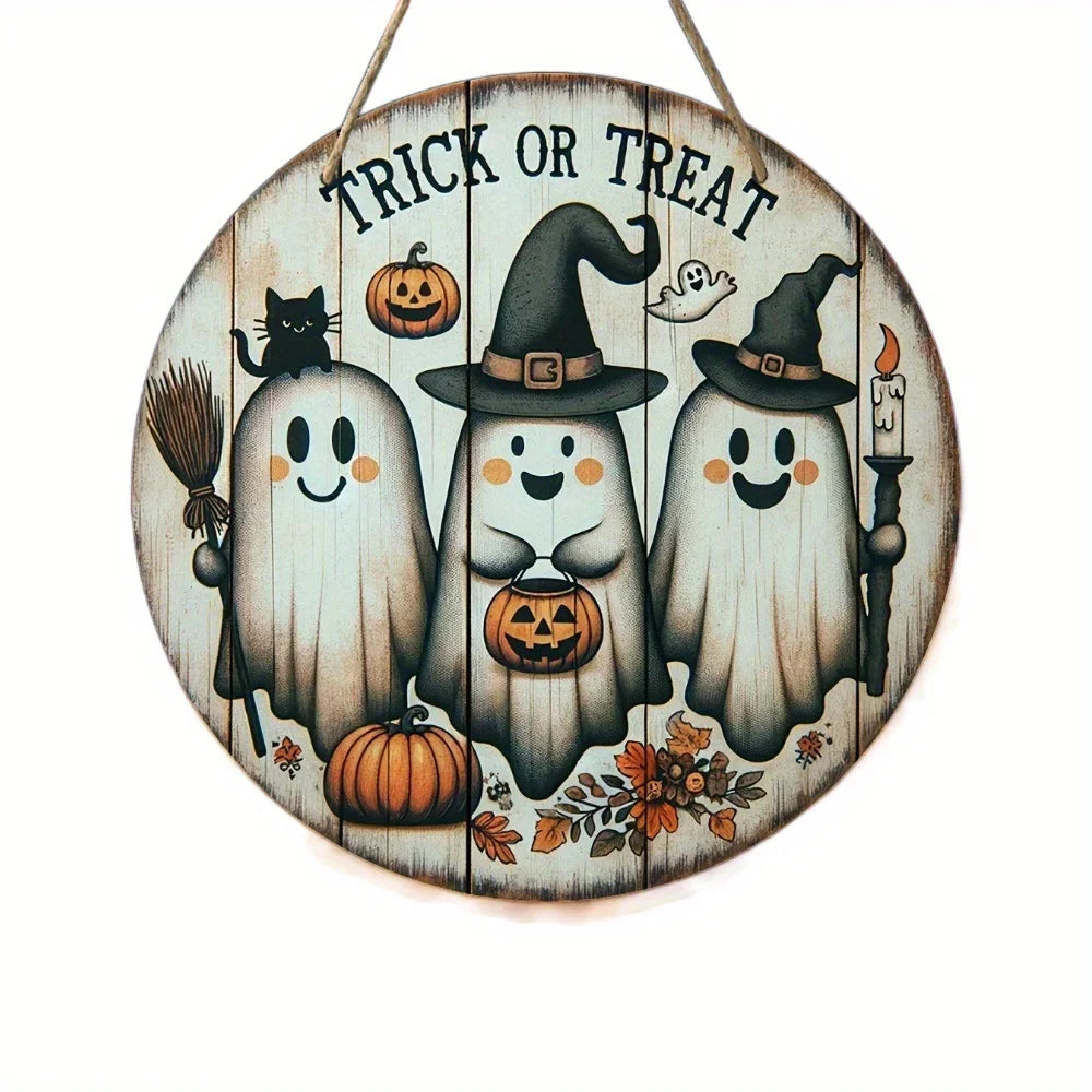 Hooux 2D Wooden Halloween Three Cute Ghost Broom Spoof Pumpkins 7.9Inch/20cm Round Hanging Sign Wall or Door Decor Wall Art