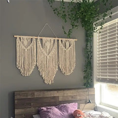 Hooux Large Macrame Tapestry Hand Made Cotton Rope Tassel Pendant Wall Hanging Tapestry with Wooden Stick Hand-Woven Bohemia Tassel