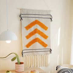 Hooux Boho Hanging Tapestry with Handmade Tassels Cotton Linen Tufting Wall Hanging Fabric Cover Blanket Ramadan Decor Home Decoration