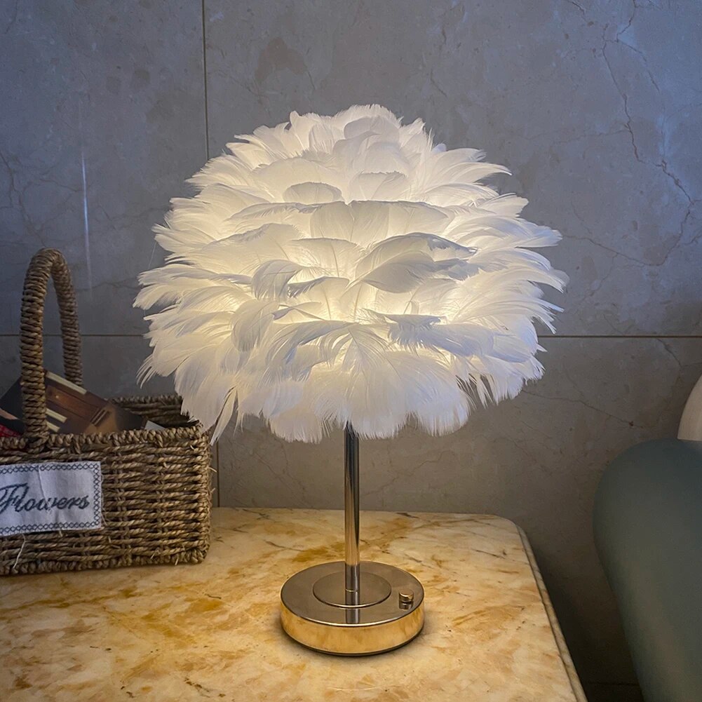 Hooux - Romantic Goose Feather Table Lamp Night Light Bedroom USB Rechargeable Bedside Lamp Touch Control LED Desk Lamp For Wedding Home