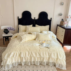 Hooux  Cotton Princess Bedding Sets Queen Butterflies Embroidered Chiffon Lace Elegant Soft Flat Sheet With Pillowcases 4PCS